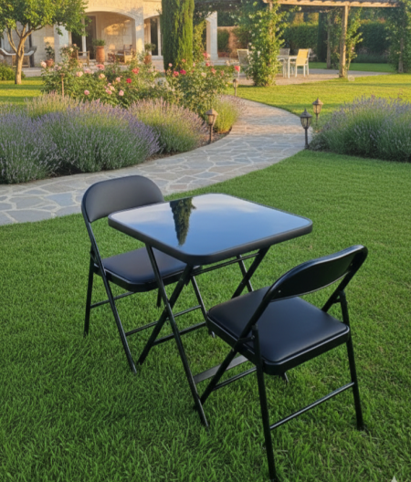 סט שולחן זכוכית מתקפל 60×60 + 2 כיסאות